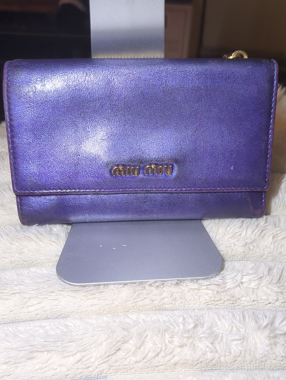 Miu Miu Metallic Purple Leather Wallet with Gold Logo NOW ONLY $75